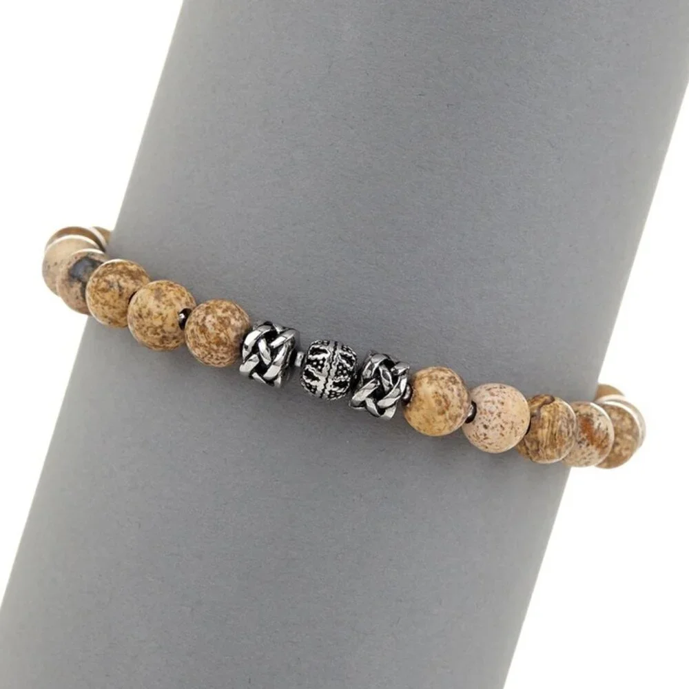 Blackjack Natural Jasper Stone Bead Bracelet Stainless Steel Accents